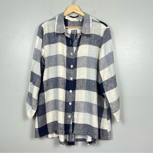 Soft Surroundings Carreaux blue plaid linen blend zip back tunic top, large.